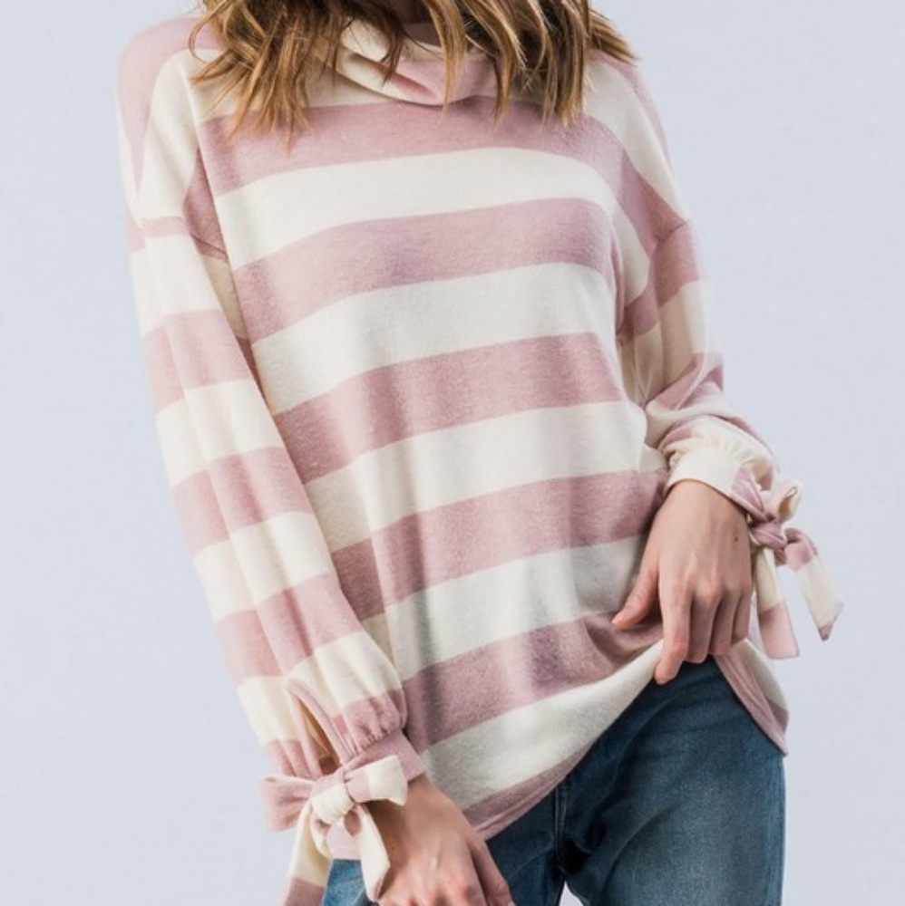 Cowl Neck Blush Striped Bow Cuff Top - Picture 4 of 4